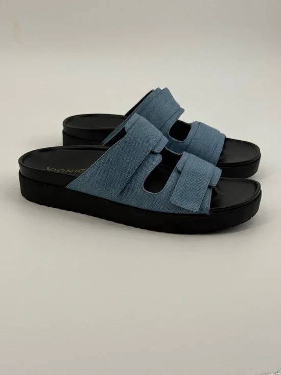 Vionic Riviera Platform Blue Denim Double Strap Slide Sandals Adjustable Velcro - Picture 8 of 15